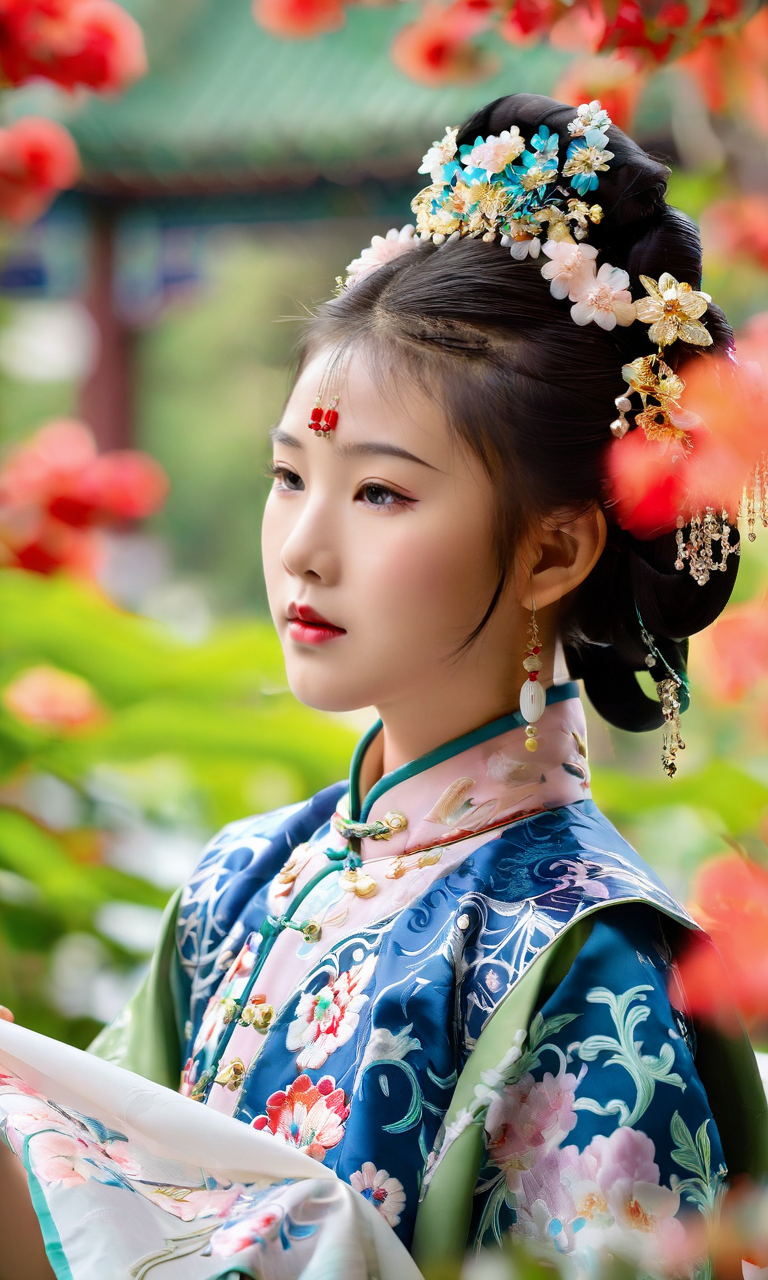 24241491-1945781955-An artistic photograph capturing a young girl dressed in exquisite Qing Dynasty attire, qing clothes, as she explores a vibrant.png